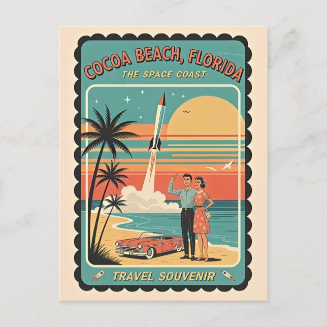 Postal Cocoa Beach FL – Costa Espacial Retro años 50 (Anverso)