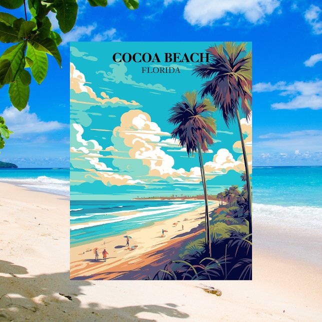 Postal Cocoa Beach Florida Palmas Retro y Playa (Cocoa Beach Florida Travel Postcard)