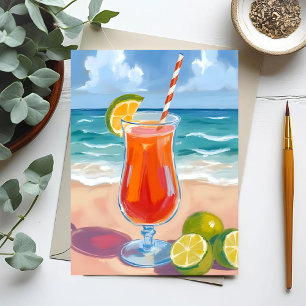 Postal Cóctel de Playa Pintura en Acuarela de Olas del