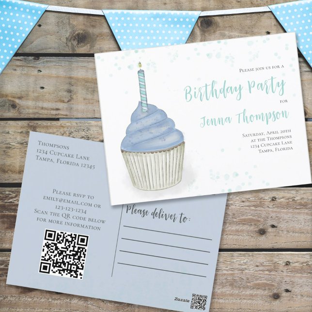 Postal Código QR de Cupcake Azul Caprichoso de Cumpleaños (Subido por el creador)