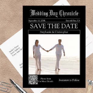 Postal Código QR de periódico clásico para boda Save the