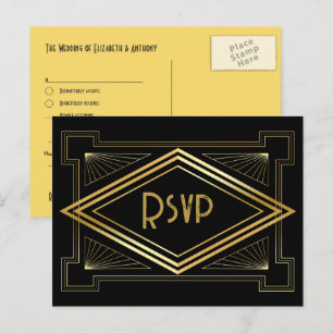 Postal Código QR de RSVP de Boda Art Déco Negro y Dorado
