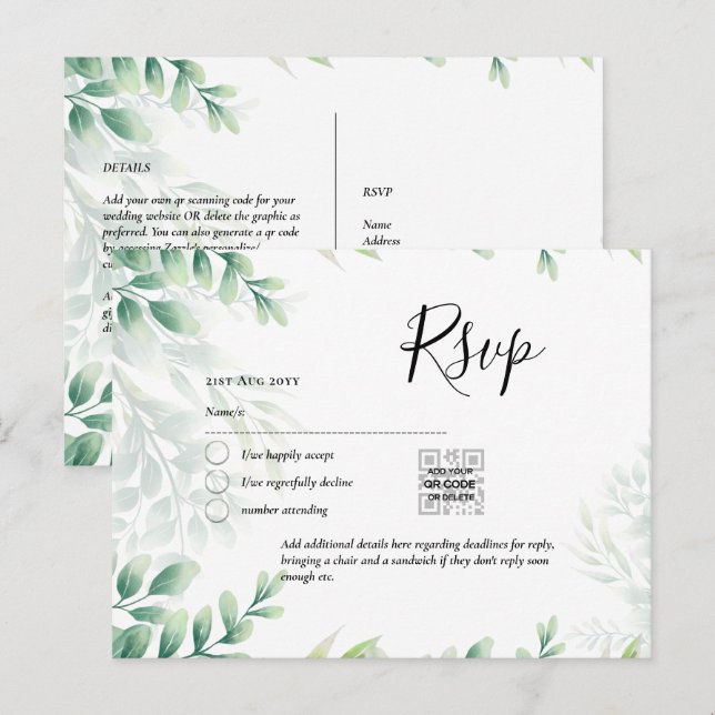 Postal CÓDIGO QR RSVP Eucalyptus deja Boda de verde Po (Anverso / Reverso)