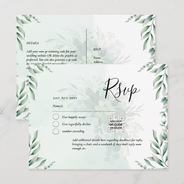 Postal CÓDIGO QR RSVP Eucalyptus deja Boda de verde Po (Anverso / Reverso)