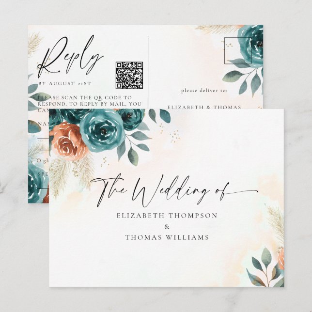 Postal Código QR RSVP Otoño Romántico Teal Naranja Quemad (Anverso / Reverso)