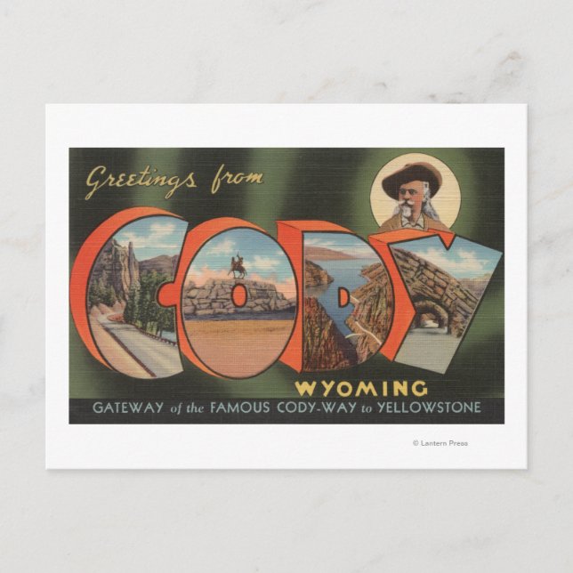 Postal Cody, WyomingGrandes Escenas de letrasCody, WY (Anverso)