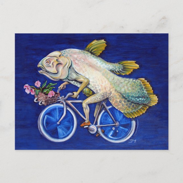 Postal Coelacaná Fósil Vivo En Una Bicicleta Con Azul (Anverso)