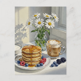 Postal Coffee Latte Pancakes Desayuno Postcard