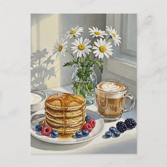 Postal Coffee Latte Pancakes Desayuno Postcard (Anverso)