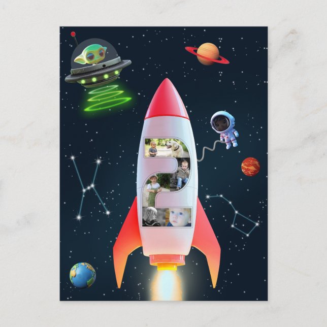 Postal Cohete del 2do Cumpleaños Espacial | Tremendo Coll (Anverso)