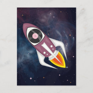 Postal cohete musical violeta en el espacio ultraterrestr