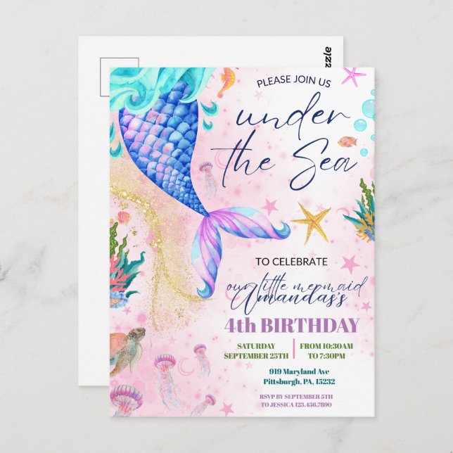 Postal Cola de sirena Acuarela Cumpleaños Bajo el Mar (Anverso / Reverso)