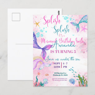 Postal Cola de sirena Acuarela Cumpleaños Bajo el mar