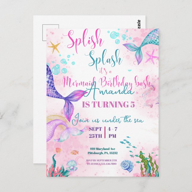 Postal Cola de sirena Acuarela Cumpleaños Bajo el Mar (Anverso / Reverso)