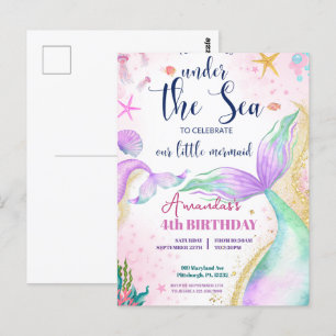 Postal Cola de sirena Acuarela Cumpleaños Bajo el mar