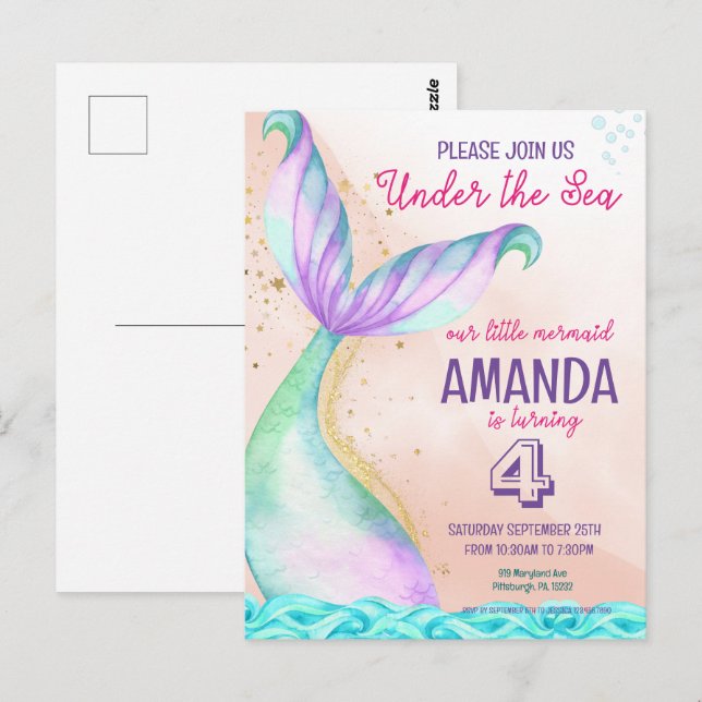 Postal Cola de sirena Acuarela Cumpleaños Bajo el Mar (Anverso / Reverso)