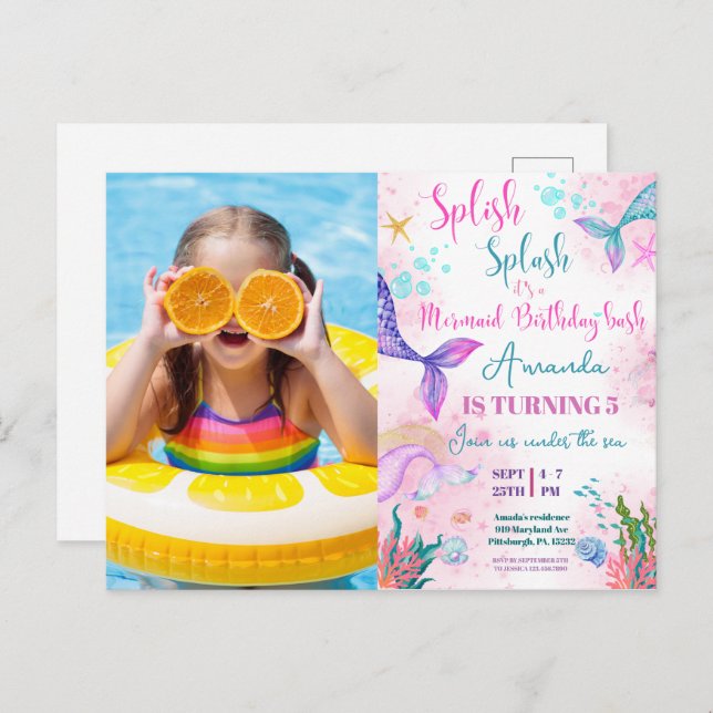 Postal Cola de sirena Acuarela Cumpleaños Bajo el Mar (Anverso / Reverso)