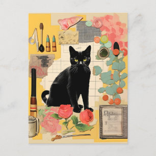 Postal Colage de flores de gato negro retro