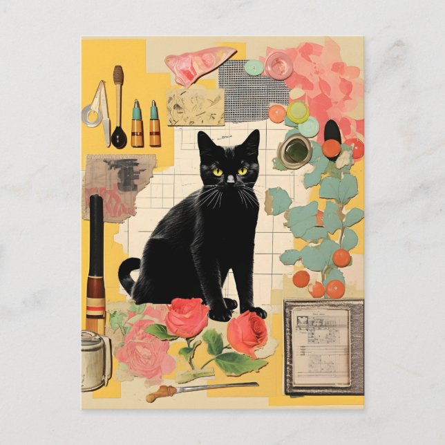 Postal Colage de flores de gato negro retro (Anverso)