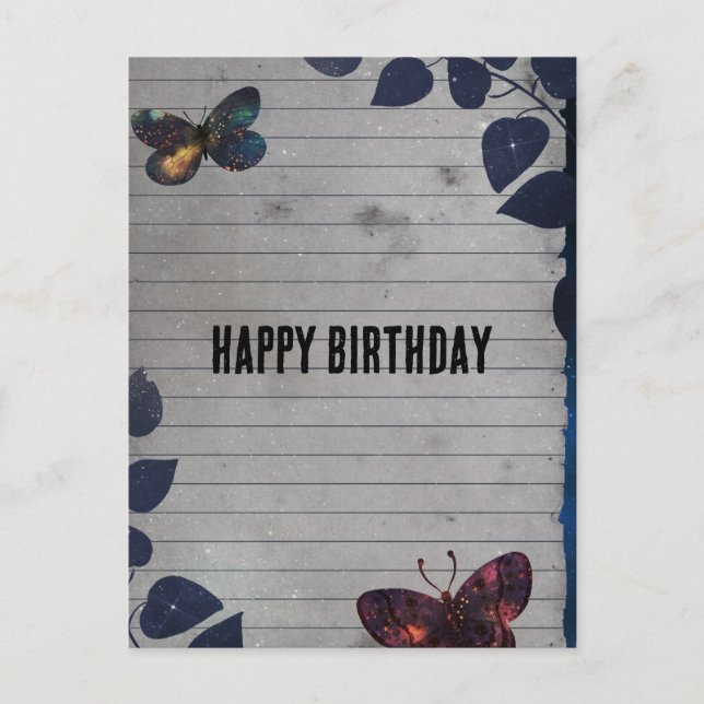 Postal Colaje de cumpleaños con mariposas en papel rayado (Anverso)