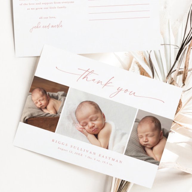 Postal Colaje de Fotos Simple para Gracias de Bebe  (Dusty pink script 3 girls photo baby thank you cards.)