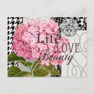 Postal Colaje de Hortensia Rosa Chic Arte de Damasco Vint