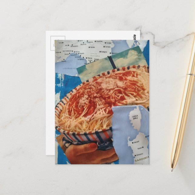 Postal Colaje de Italia y un Tazón de Espaguetis (Anverso/Reverso In Situ)
