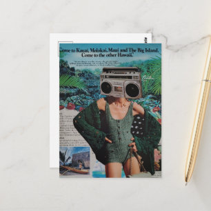 Postal Colaje de mujer hawaiana con boombox surrealista
