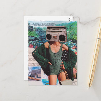 Postal Colaje de mujer hawaiana con boombox surrealista