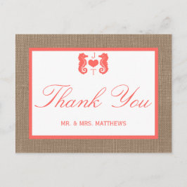 Postal Colección de Bodas de Playa Coral Seahorse Burlap