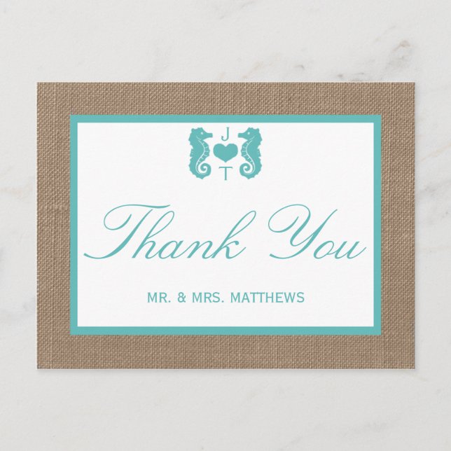 Postal Colección de Bodas Turquoise Seahorse Burlap Beach (Anverso)