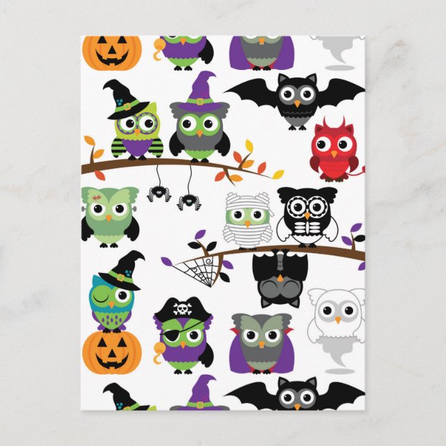 Postal Colección De Fantasmas Lechuzas De Halloween (Anverso)