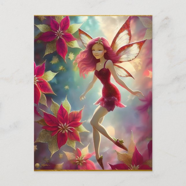 Postal Colección de Hadas de Navidad - Cabello Rojo Rosa (Anverso)