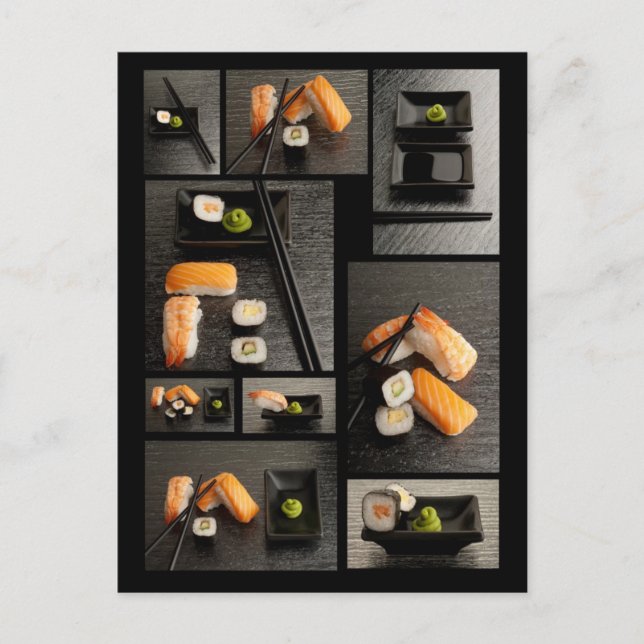 Postal Colección de sushi sobre fondo negro (Anverso)