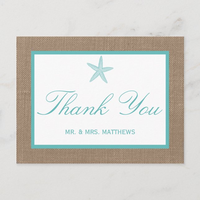 Postal Colección Turquoise Starfish Burlap Beach Wedding (Anverso)
