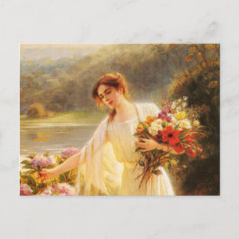 Postal coleccionando flores, hermosa dama de Albert Lynch