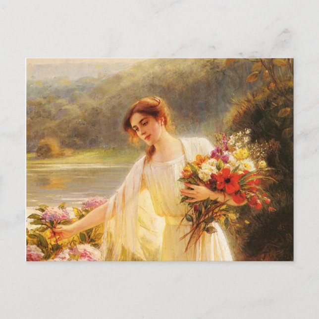 Postal coleccionando flores, hermosa dama de Albert Lynch (Anverso)