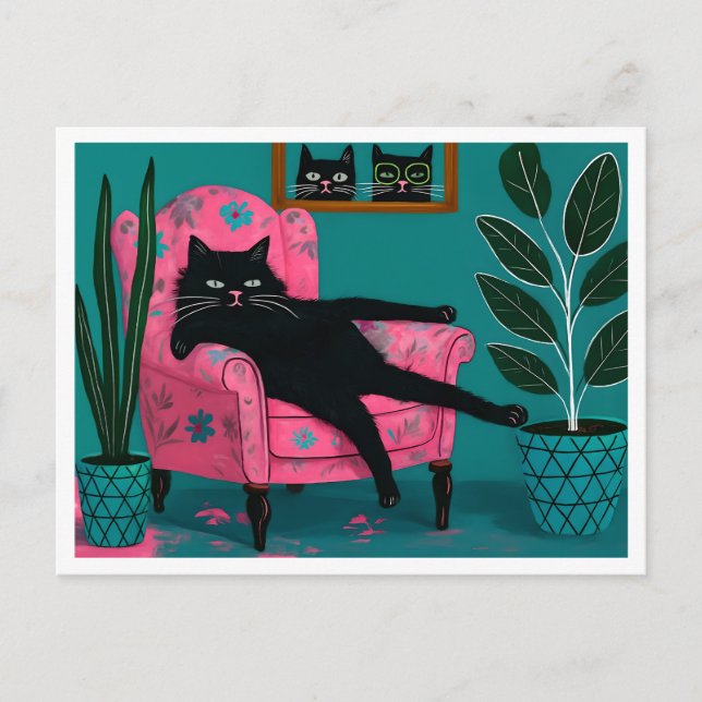 Postal Colgado de gato negro de Guay en sillón rosa (Anverso)