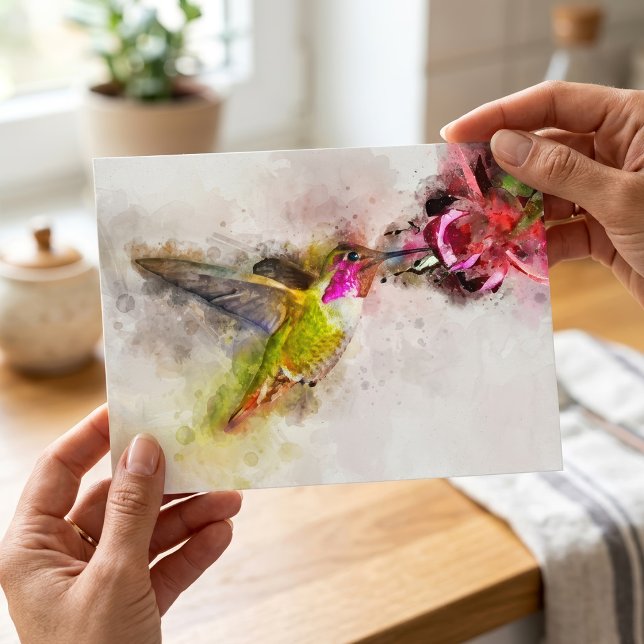 Postal Colibrí alimentándose de flor rosa Acuarela (Hummingbird Feeding on Pink Flower Watercolor. Postcard )