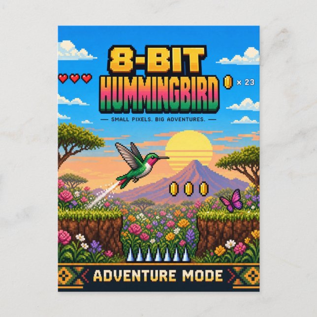 Postal Colibrí, Arte de Pixel Retro de 8 Bits (Anverso)