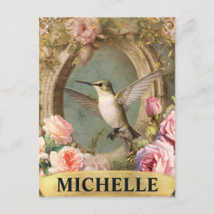 Postal Colibrí blanco de color de agua y rosas rosadas