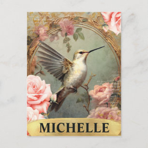 Postal Colibrí blanco de color de agua y rosas rosadas