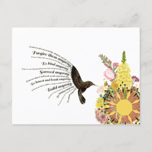 Postal Colibrí de oración inspiradora, sol y flores