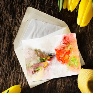 Postal Colibrí en acuarela alimentándose de una vibrante 