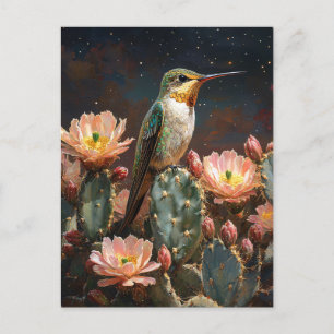 Postal Colibrí en un cactus florecido