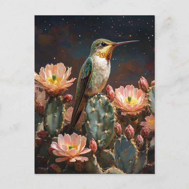 Postal Colibrí en un cactus florecido (Anverso)