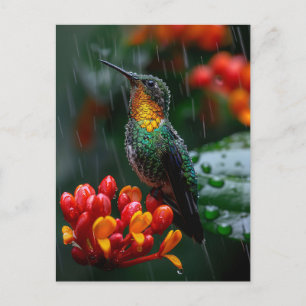 Postal Colibrí encaramado en flor brillante