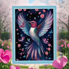 Postal Colibrí Mágico Alas Irisadas Flores Rosadas