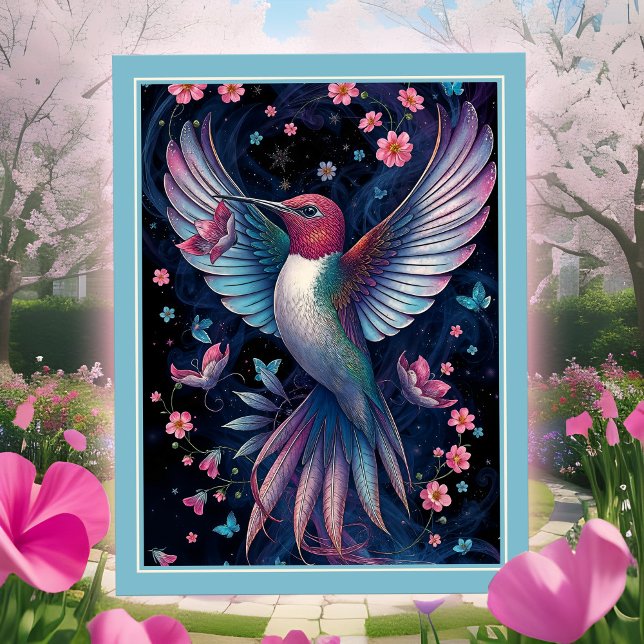 Postal Colibrí Mágico Alas Irisadas Flores Rosadas (Exotic Hummingbird postcard, wings spread in magical flight, pink & blue flowers, beautiful artistic)
