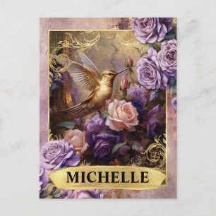 Postal Colibrí Morado Romántico y Rosas Fantasía